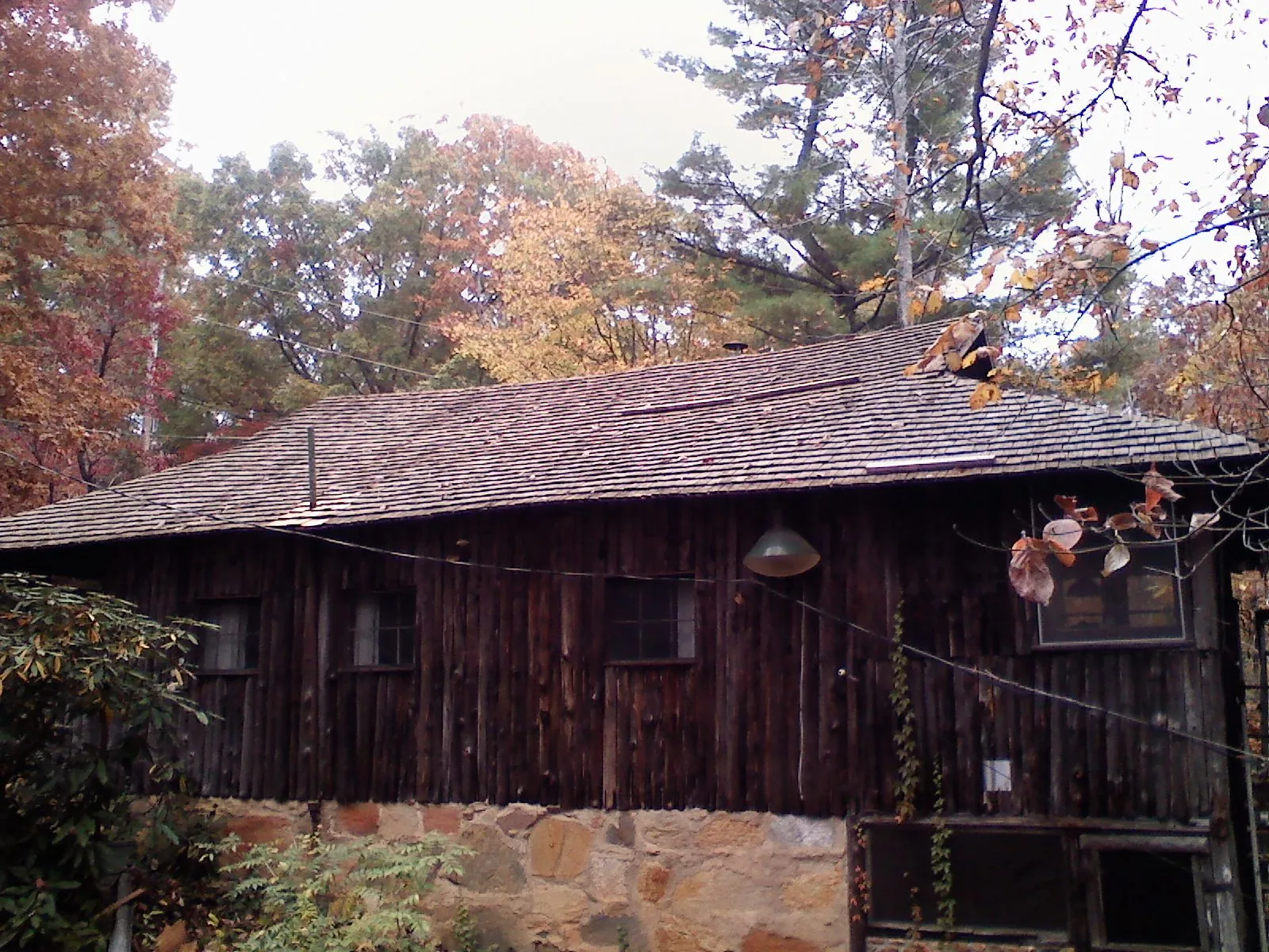 Weathered wood shake roof on a rustic board sided cabin in Vincentown
